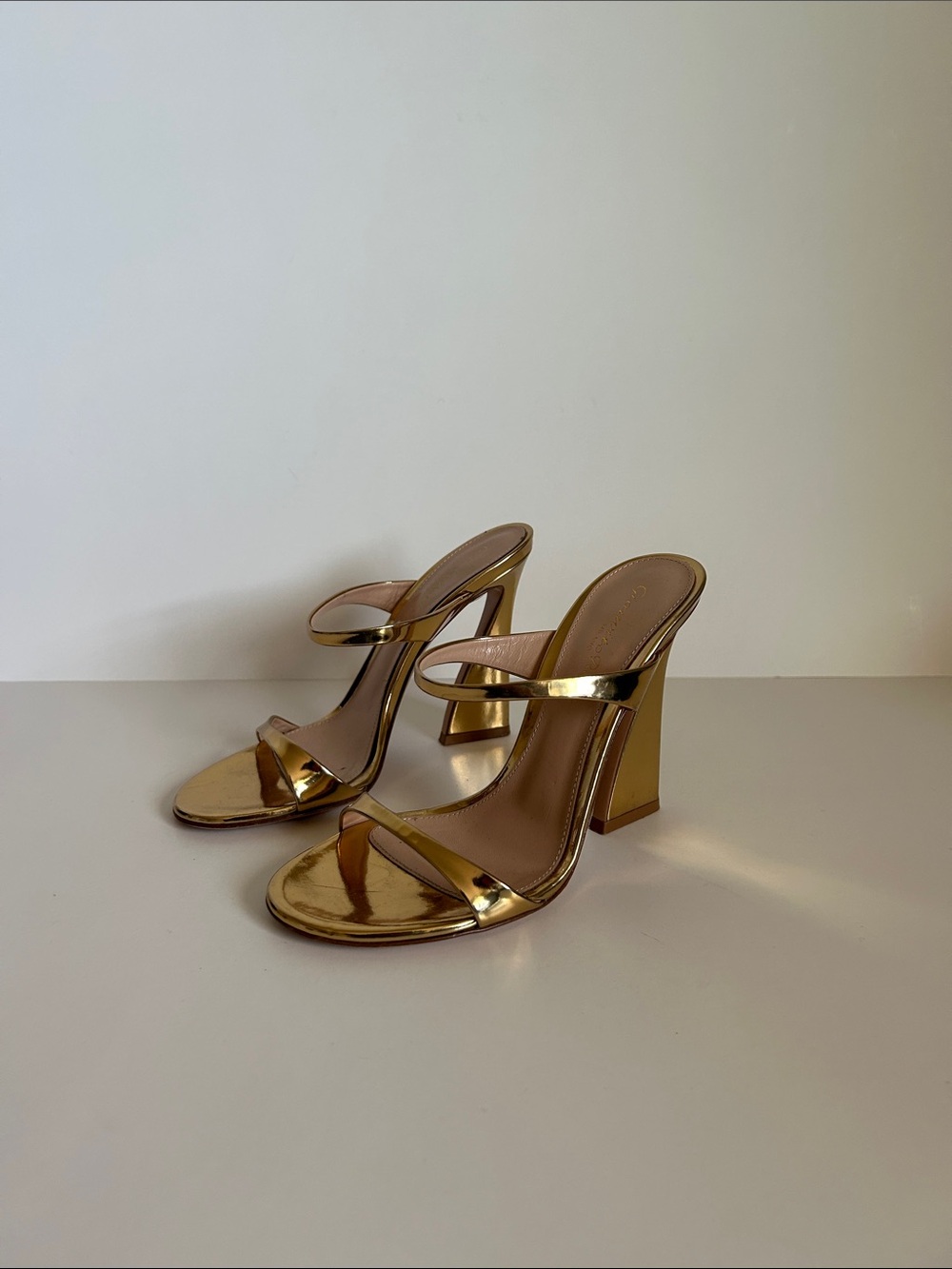 Gianvito Rossi Gold Metallic Double-Strap Block Heel Slides